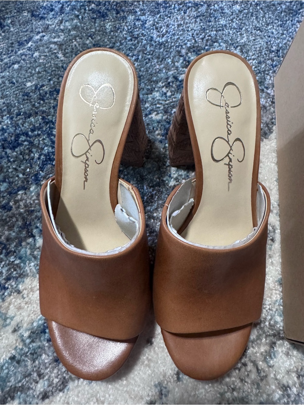 Jessica Simpson Tan Brown Open-Toe Slide Block Heel Sandals